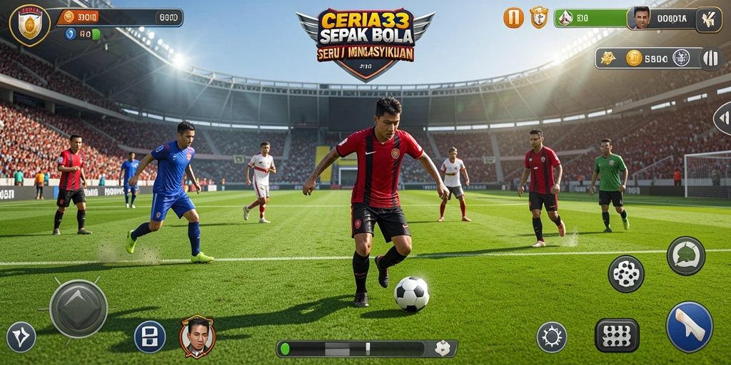 Tampilan gameplay sepak bola yang menarik dan mendebarkan.