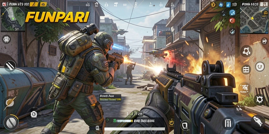 Tangkapan layar menunjukkan aksi intens dalam game FPS FUNPARI.