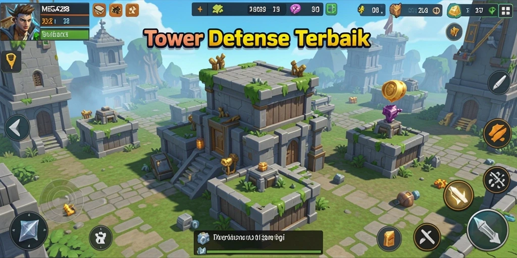 Screenshot gameplay MEGA288 yang menunjukkan menara dan musuh.