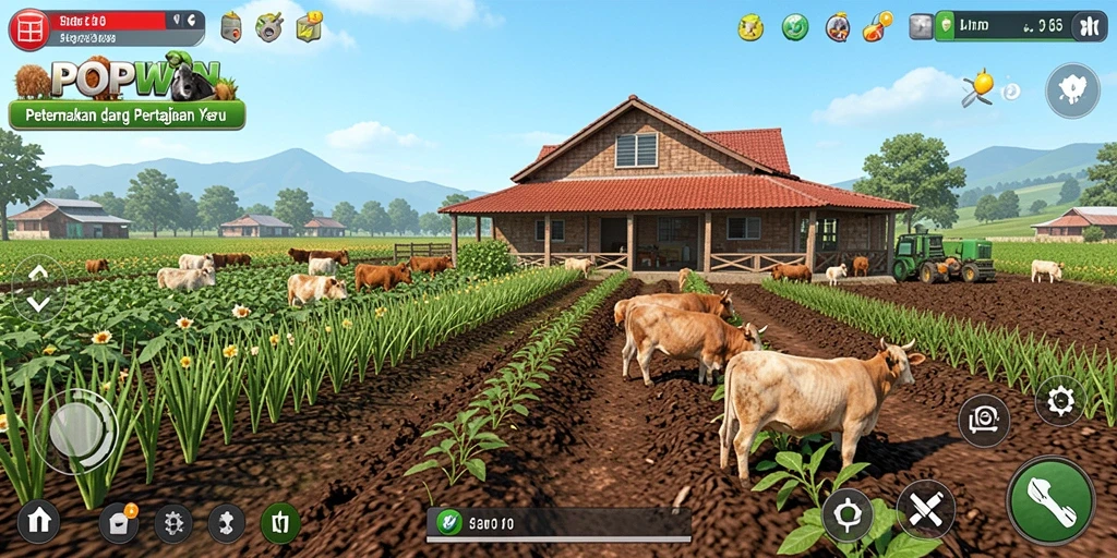 Screenshot dari gameplay POPWIN menampilkan peternakan yang subur dan aktif.