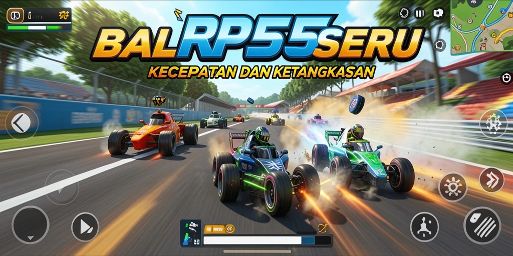 Screenshot gameplay RP55 menampilkan balapan dengan grafik menakjubkan dan mobil yang cepat.