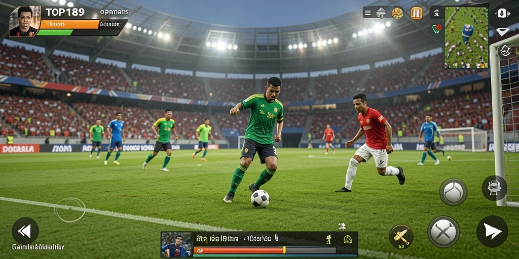 Screenshot utama menunjukkan aksi seru dalam pertandingan sepak bola.