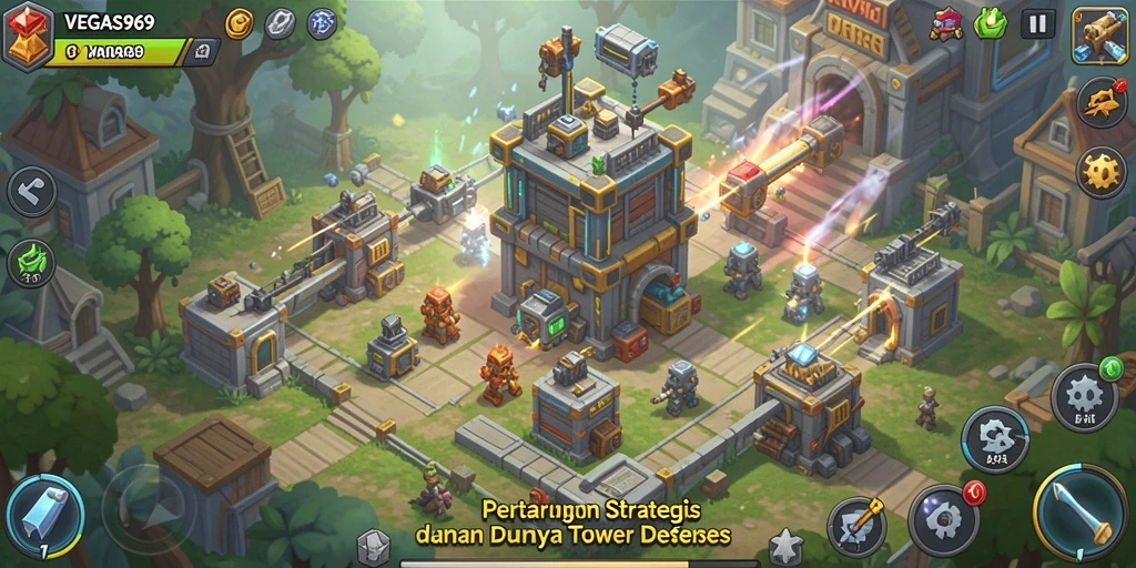 Screenshot gameplay <strong>VEGAS969</strong> menampilkan pertarungan menara melawan gelombang musuh.